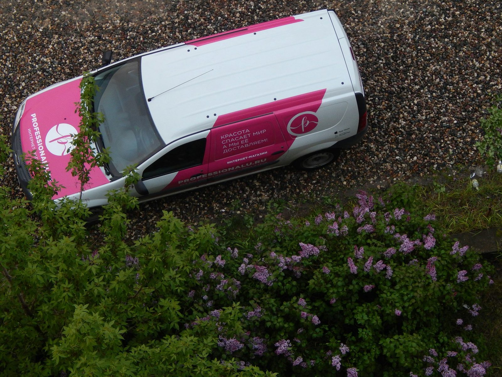 Une camionnette blanche avec un marquage rose, vue de haut