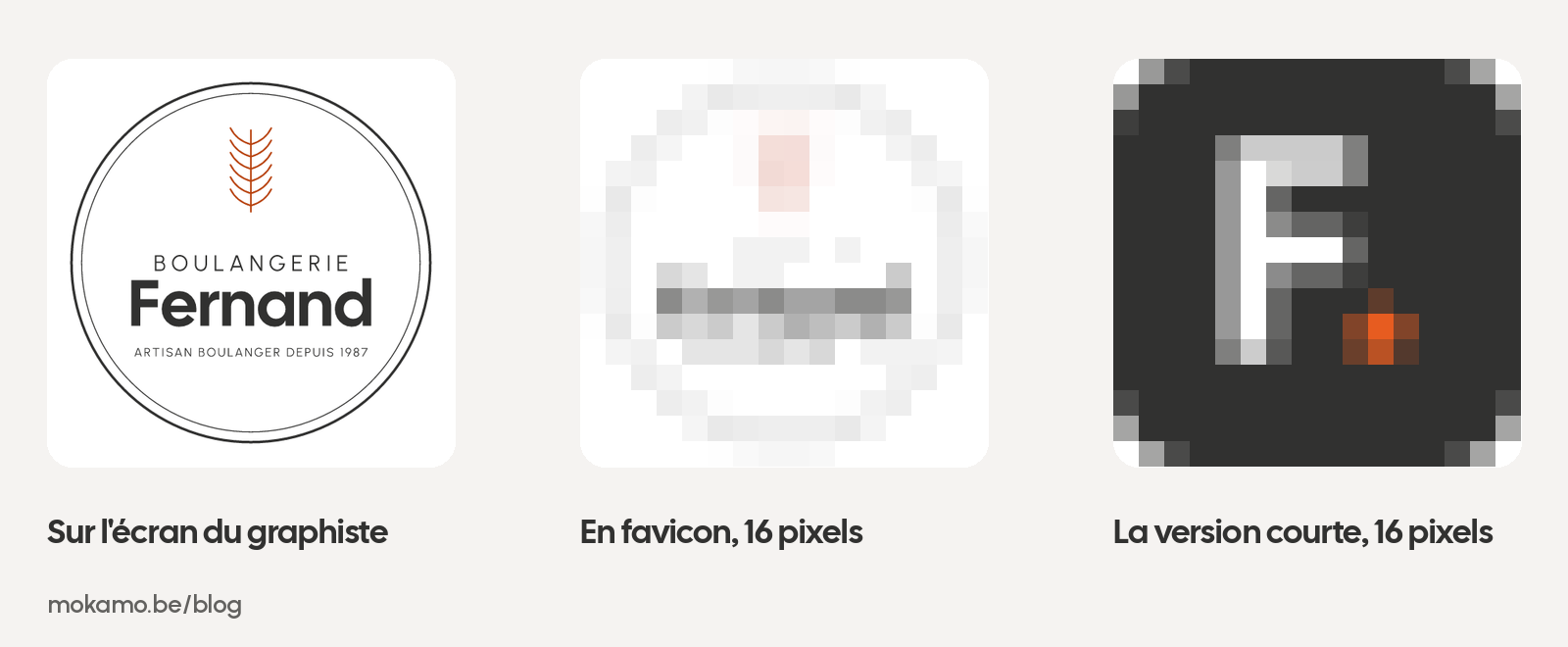 Un logo fictif de boulangerie, net sur grand écran, illisible en 16 pixels, comparé à un monogramme qui reste lisible