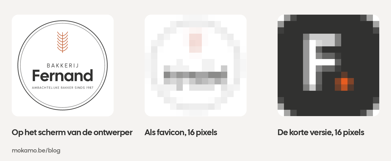 Een fictief bakkerslogo, scherp op een groot scherm, onleesbaar op 16 pixels, naast een monogram dat leesbaar blijft